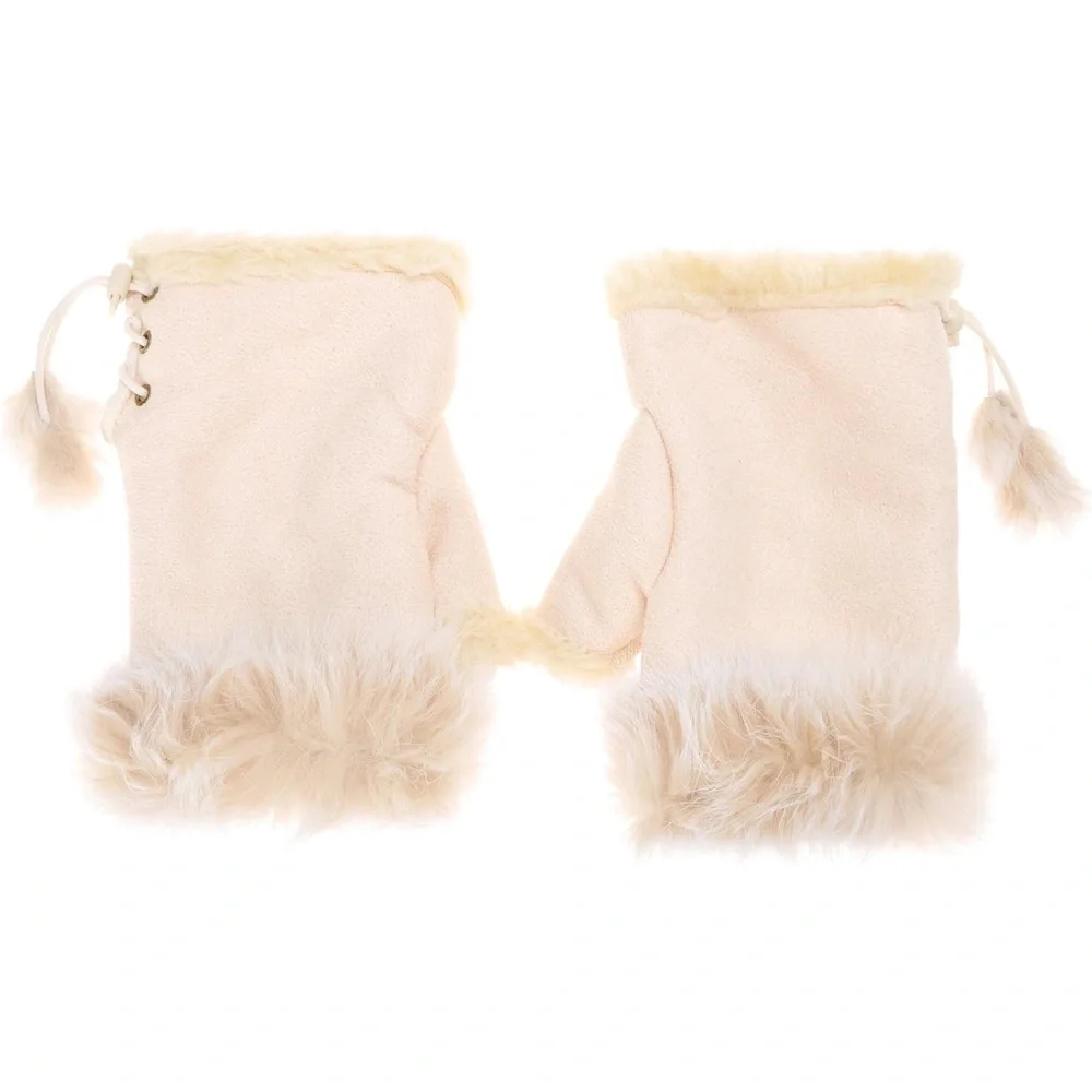 Beige Fingerless Gloves with Fur